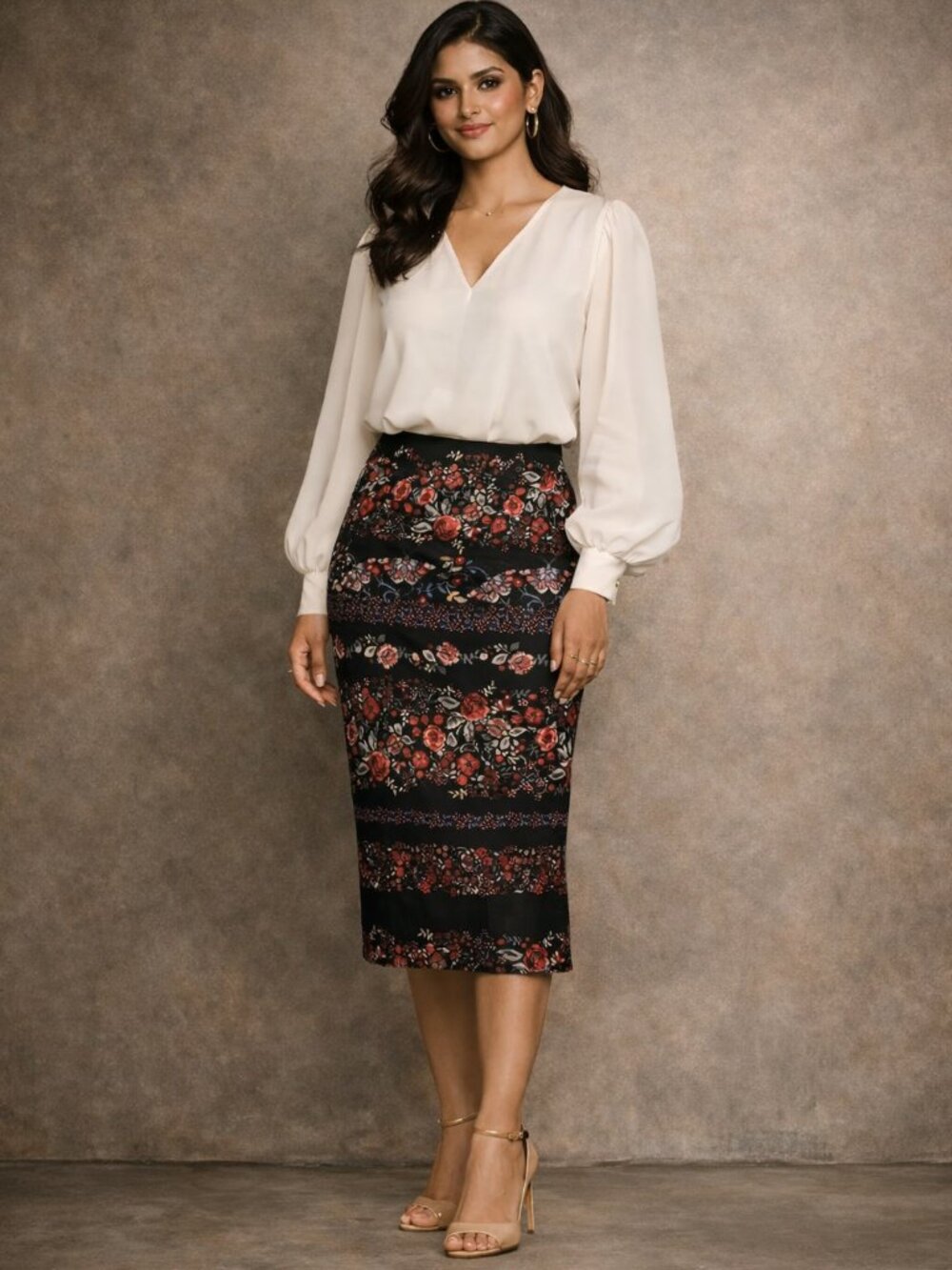 New York &Co 7thAve. MIDI Length Pencil Skirt Dark Floral Size 8